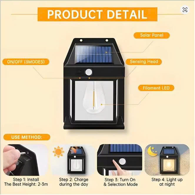 Waterproof outdoor solar wall light, motion sensor light